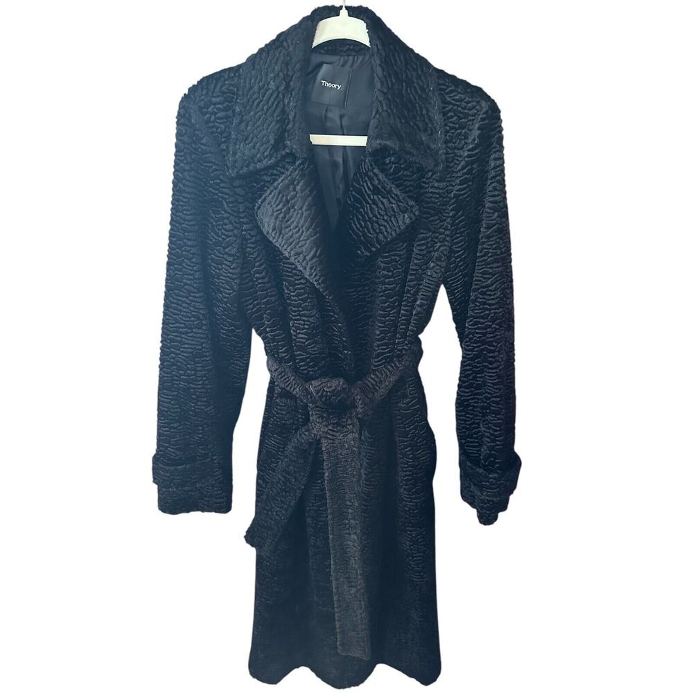 NWT Theory Relaxed Trench Coat in Faux Astrakhan Fur, Black L $795